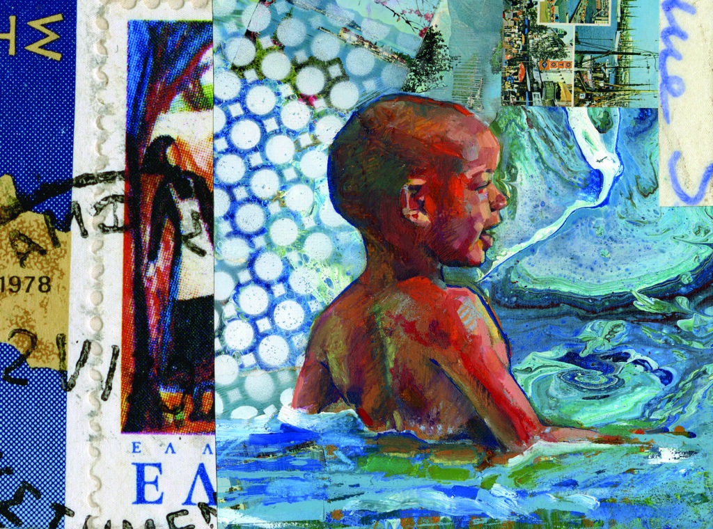 schilderij met titel Happy blue beach boy.